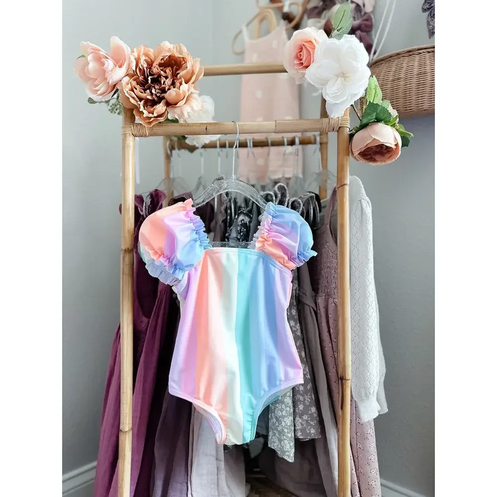 New Darling Pastel Stripe Rainbow Puff Slv Swimsuit 2/3